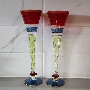 Pier 1 Vtg Elegant Red and Blue Champagne Flutes/Decorative Glasses